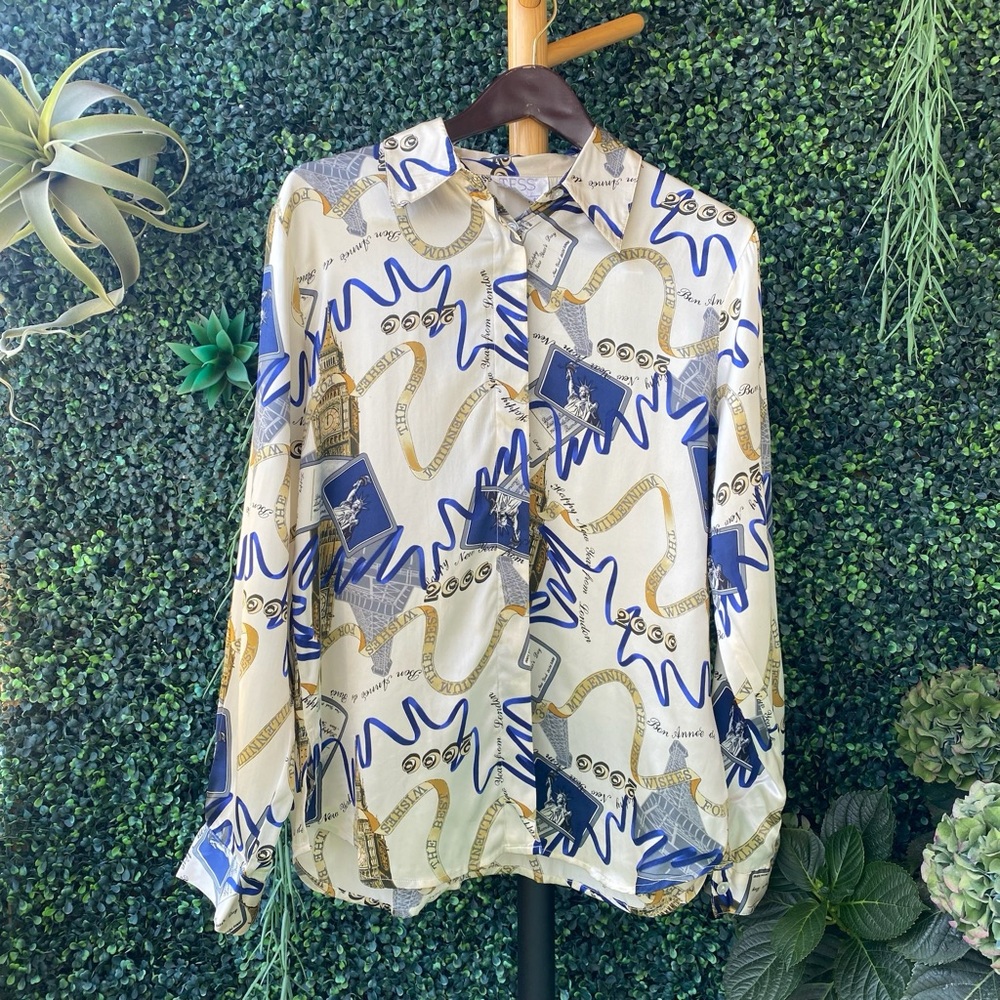 Y2K Cream, Blue, Gray, long sleeve silk shirt by Tess